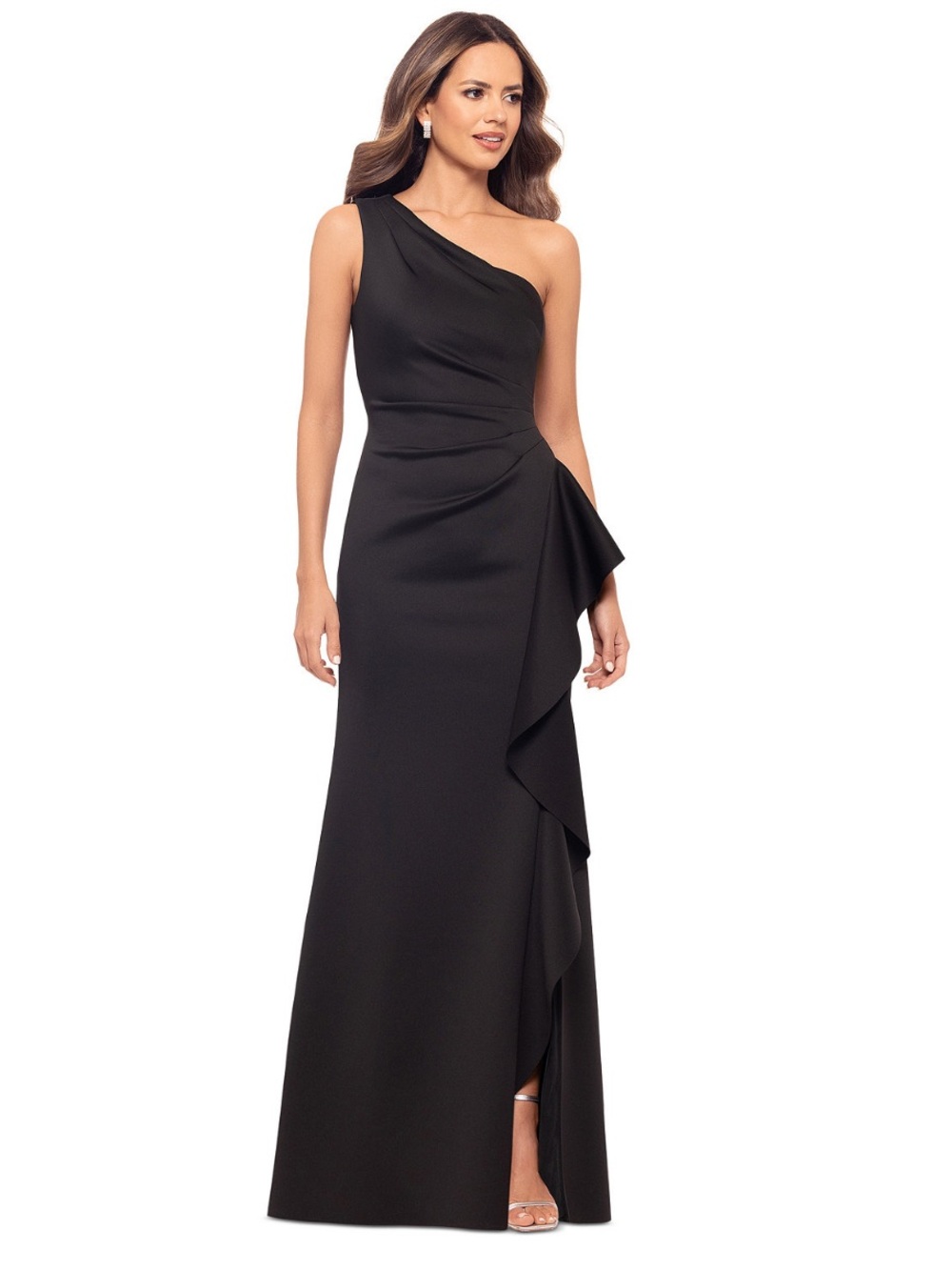 Xscape ruffled one shoulder scuba gown petite